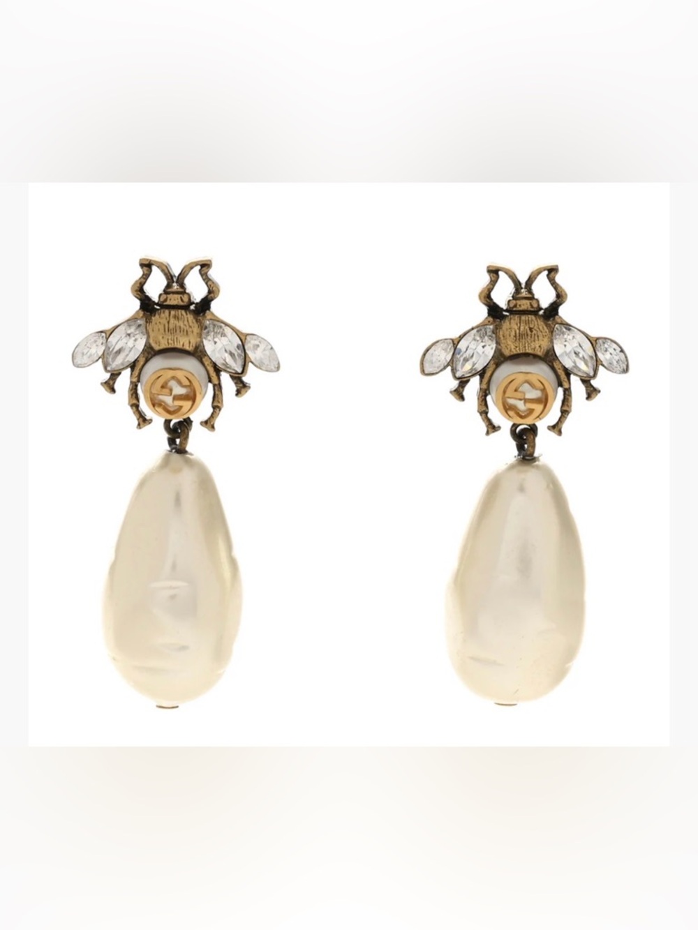 Gucci Gold-Tone Ivory Teardrop Earrings with Crystal Bee Accents